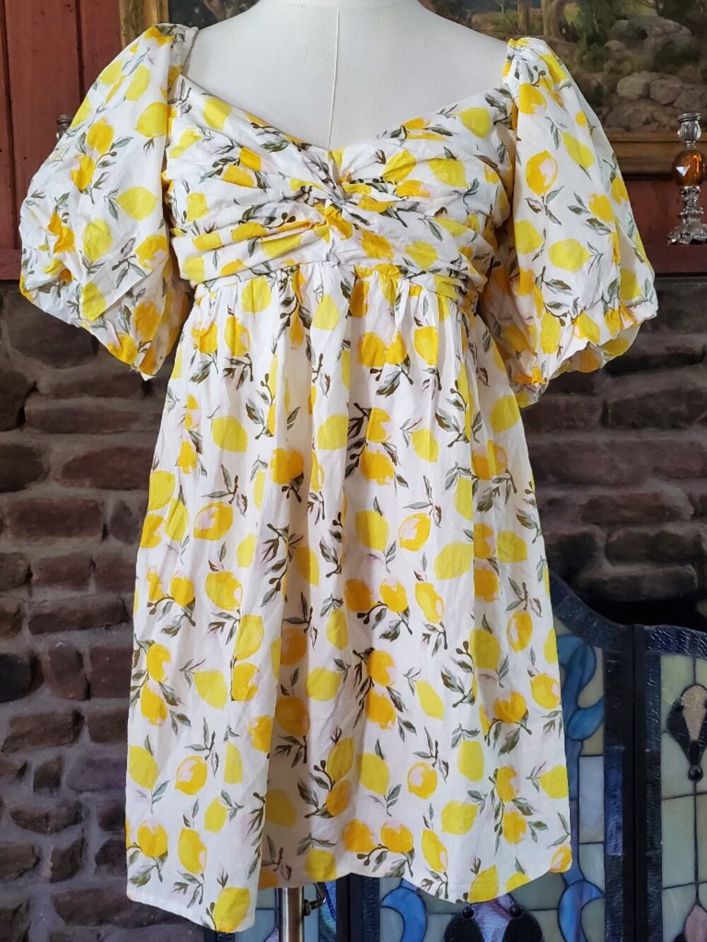 Trixxi Lemon Print Mini Dress White Yellow Puff Sleeve Twist Bust JUNIOR LARGE